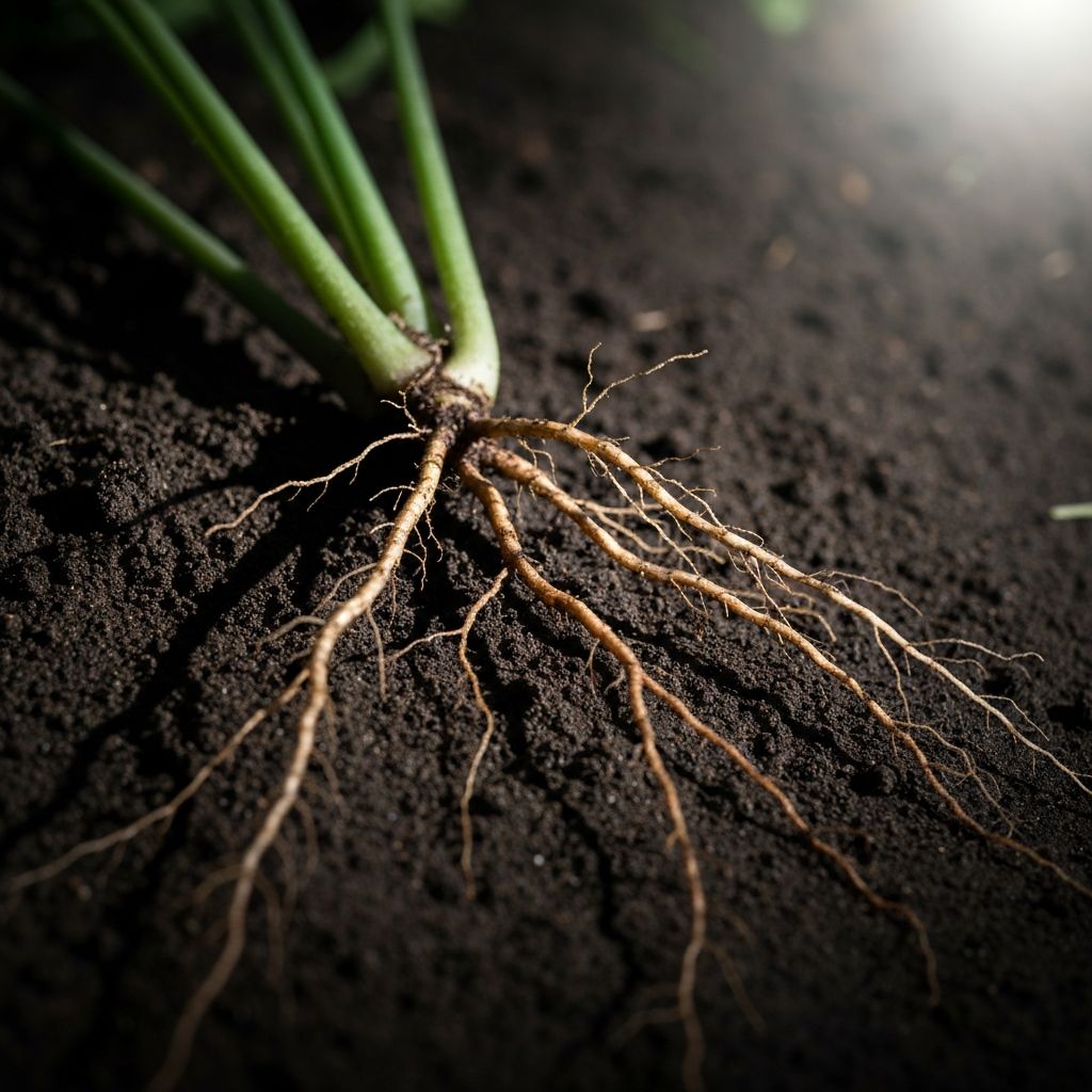 Root system resting in soil symbolizing restoration